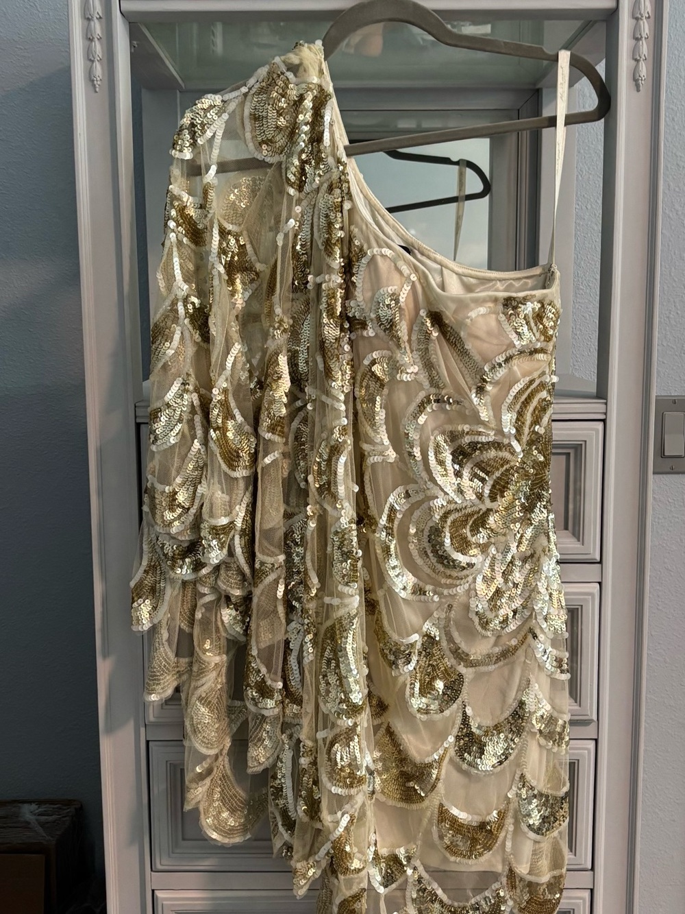 Mac Duggal Cream and Gold Sequin Asymmetrical Skirt